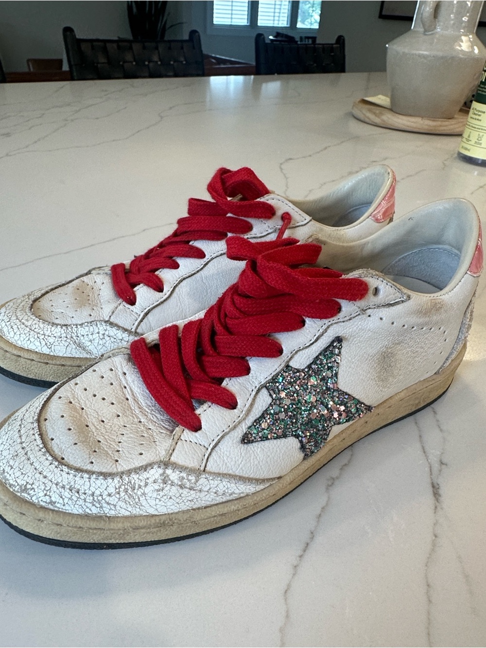 Golden Goose Ballstar White Sneakers with Red Laces and Multicolor Glitter Star